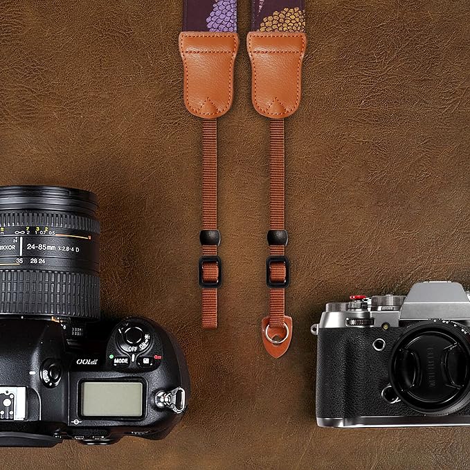 Padwa Lifestyle Camera Strap - 2" Cowhide Leather Head Cotton Camera Straps for Photographers,Vintage Print Purple Daisy Japanese Art Neck & Shoulder Adjustable Strap for DSLR SLR Mirrorless Cameras