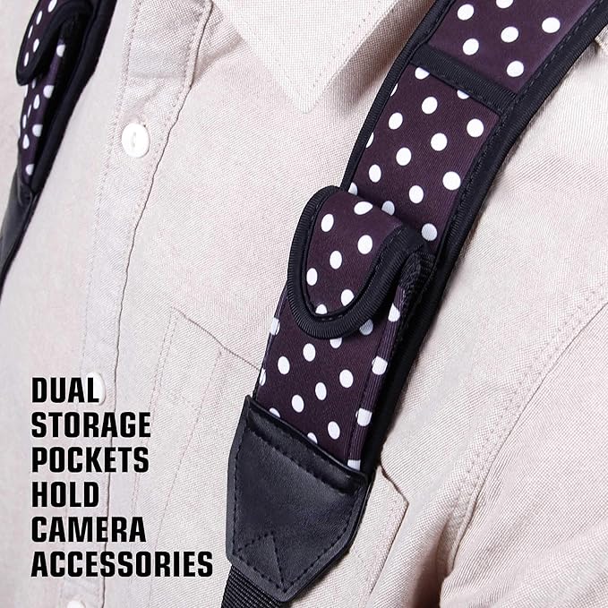 USA Gear DSLR Camera Strap Chest Harness with Quick Release Buckles, Polka Dot Neoprene Pattern and Accessory Pockets - Compatible with Canon, Nikon, Sony Point and Shoot and Mirrorless Cameras