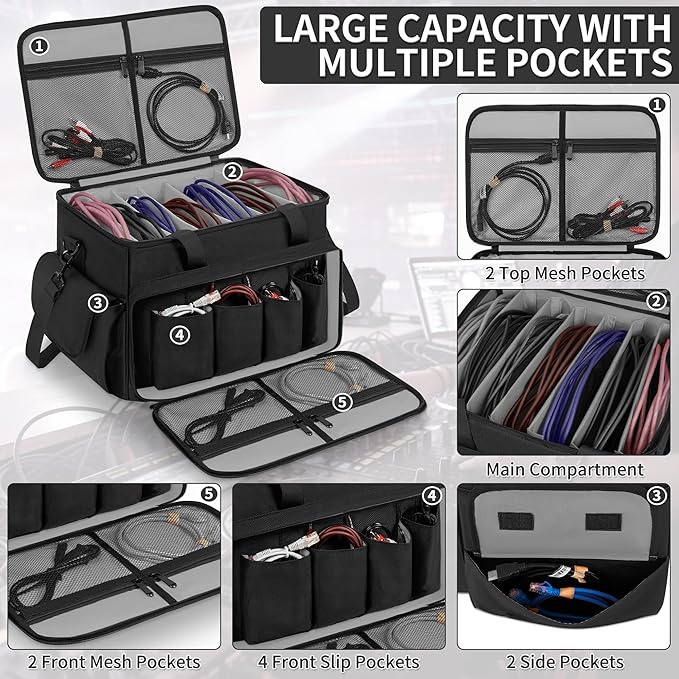 DJ Cable File Bag with 6 Detachable Dividers High Capacity Gig Cable Bag for Cords, DJ Gear, Sound Instrument and Accessories, Grey