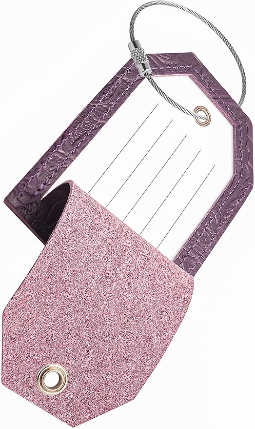 Genuine Leather Set of 2 Luggage Tag with Full Back Privacy Name ID Card Stainless Steel Loop Suitcase Labels Identifiers Baggage Tags Luggage for Women Men Travel (Purple Flower)