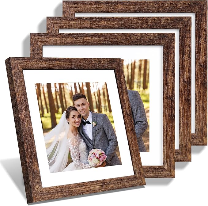 10x10 Picture Frame Set of 4, Made of Glass and Rustic Brown Wooden Frame - Display Picture 8x8 with Mat or 10 x 10 Without Mat, 10 by 10 Photo for Wall or Tabletop