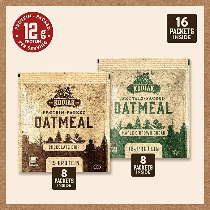 Kodiak Cakes Instant Oatmeal Packets - High Protein - 100% Whole Grains Breakfast Food - Maple & Brown Sugar & Chocolate Chip (16 Packets)