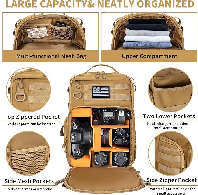 TORIBIO Camera Backpack for DSLR/SLR/Mirrorless Photography Camera, Water-resistant Tactical Camera Travel Bag Backpack Case with 15.6" Laptop Compartment, Tripod Holder