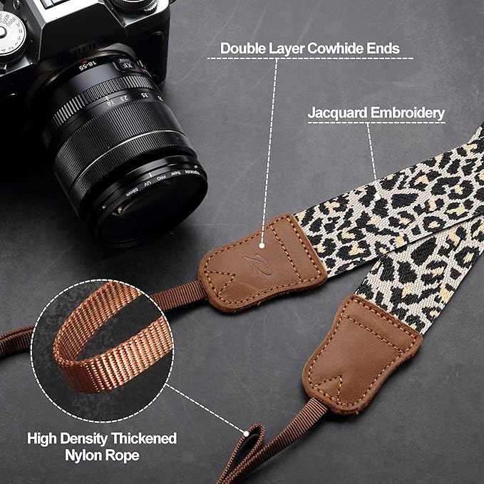 Padwa Lifestyle Camera Strap - 1.5" Crazy Horse Cowhide Head Cotton Strap,Vintage Embroidery Camera Straps for Photographers and All Cameras,Cute Adjustable Shoulder Neck Strap for Adults & Kids