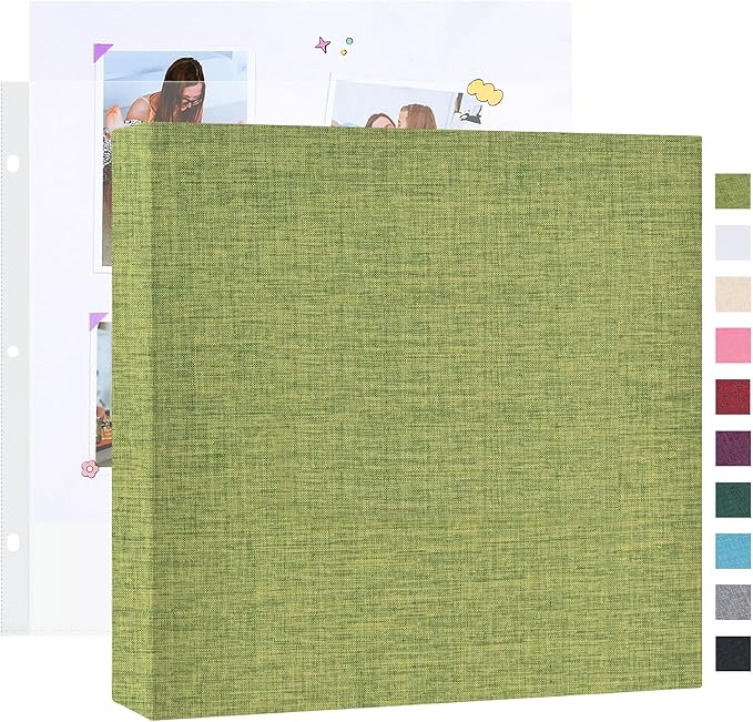 Mublalbum 10x10 Inch Large 3 Ring DIY Scrapbook Photo Album with 20 Plastic Sleeves 40 Pages Linen Cover Folder Binder for Baby Travel Wedding Anniversary and DIY Projects (Green)