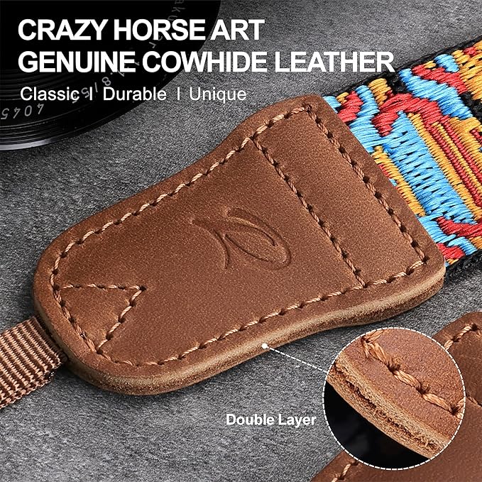 Padwa Lifestyle Camera Strap - 1.5" Crazy Horse Cowhide Head Cotton Strap,Vintage Embroidery Camera Straps for Photographers and All Cameras,Cute Adjustable Shoulder Neck Strap for Adults & Kids