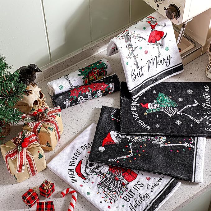 Preboun 6 Pcs Gothic Christmas Kitchen Towels Black and White Dish Cloth Xmas Skeleton Hand Towels Decorative Farmhouse Tea Cloth Absorbent for Holiday Kitchen Bathroom Decor