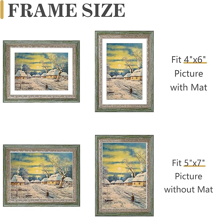 VIOLABBEY 5x7 Picture Frame Green Gold, Display 4x6 Photo with Mat or 5x7 without Mat, Ornate Vintage 5 x 7 Frame for Wall Decor or Tabletop Display, Green Gold
