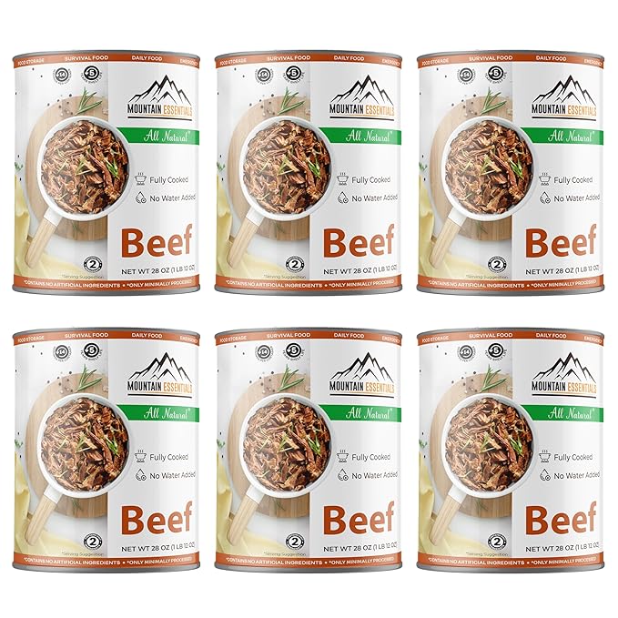 MOUNTAIN ESSENTIALS All Natural Canned Beef 28 Oz – Fully Cooked, Ready to Eat, Gluten Free – Canned Meat for Daily Use, Emergency, Survival & Camping – 5-Year Shelf Life – Made in USA – Pack of 6