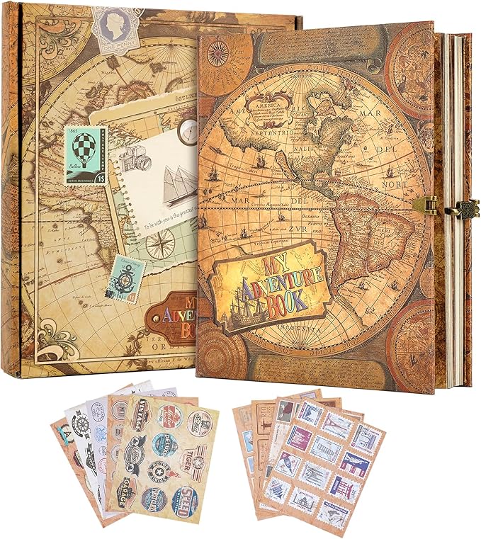 My Adventure Book Scrapbook 124 Pages Retro Style Embossed Photo Album,DIY Handmade Memory Travel Diary Photo Scrapbook for Couples,Anniversary,Wedding,Valentines Day Gifts(Retro Map)