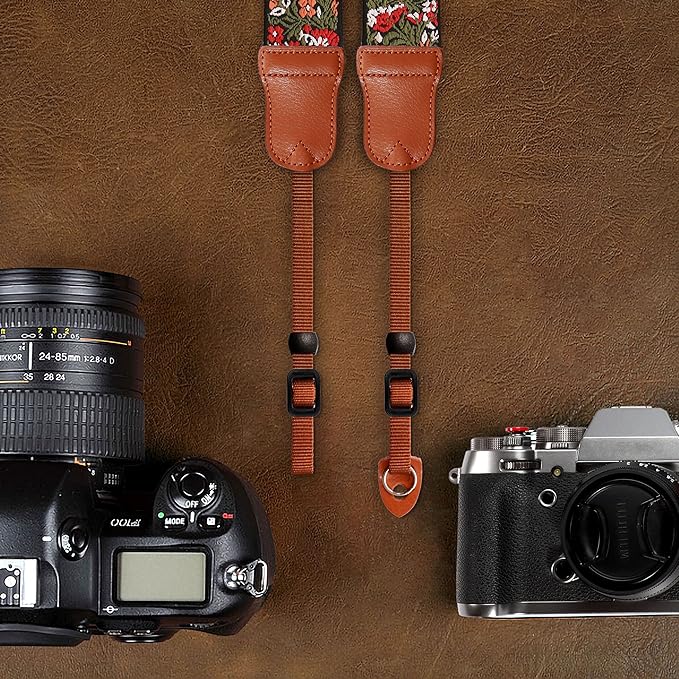 Padwa Lifestyle Green Flower Camera Strap for All DSLR Cameras,Double Layer Cowhide Ends,2" Wide Pure Cotton Embroidered Woven Camera Straps,Adjustable Neck & Shoulder Strap,Gift for Photographers