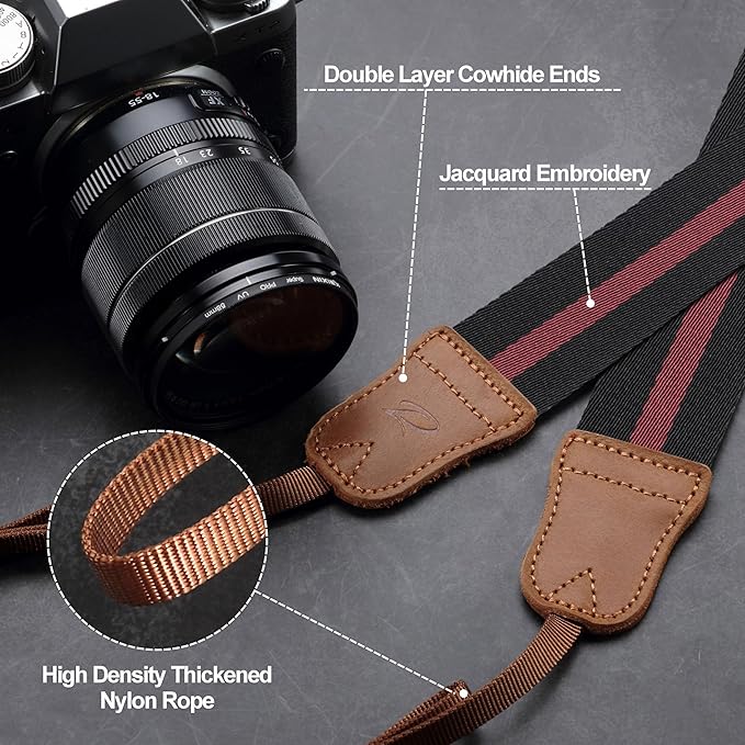 Padwa Lifestyle Stripes Camera Strap - Double Layer Crazy Horse Cowhide End,1.5" Wide Pure Cotton Camera Straps,Adjustable Neck Shoulder Strap for All DSLR Cameras,Gift for Photographers(Red Black)