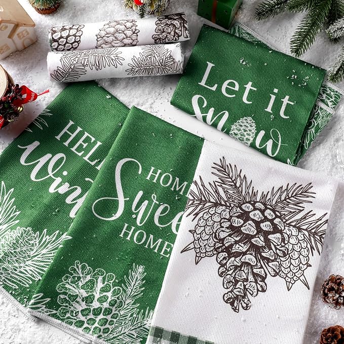 Preboun 6 Pcs Christmas Kitchen Towels Winter Hand Towels Pine Cones Pine Needles Dish Cloth Xmas Decorative Farmhouse Tea Cloth Absorbent for Holiday Kitchen Bathroom Decor