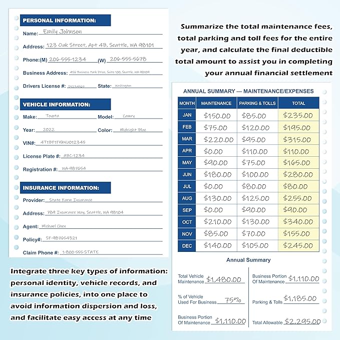 1 Pcs Auto Vehicle Mileage and Expense Journal with 6 Pockets 600+ Entries 5-1/4" x 8-1/2" Vehicle Mileage Log Miles Log Book Expense Odometer Track Record Notebook for Business Driving 60 Pages (1)