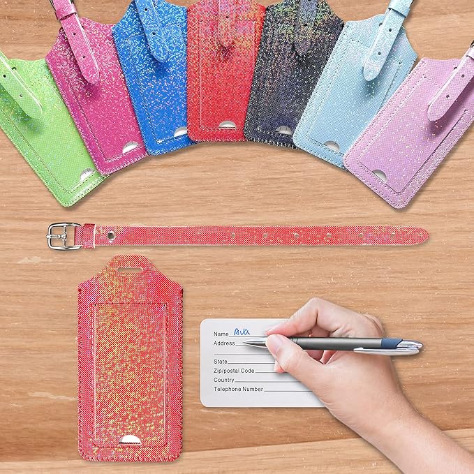 ACdream Luggage Tags 2 Pack, Leather Suitcase Tags Identifiers, Cute Cruise ID Labels with Privacy Cover fits on Backpack, Travel Bag, for Women, Men, Adults, Kids, Red Glitter