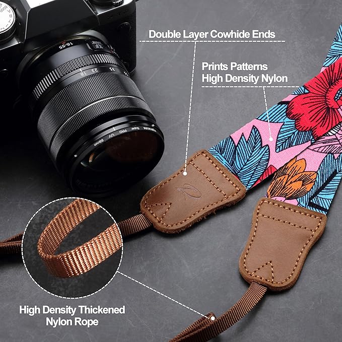 Padwa Lifestyle Camera Strap - 1.5" Soft Nylon Print Crazy Horse Cowhide Head Camera Straps for Photographers and All Cameras,Cute Adjustable Vintage Woven Strap for Adults & Kids(Flower Heart Pink)