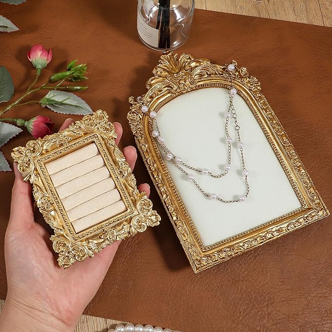 2 Pcs Vintage Jewelry Tray Set, Vintage Necklace Organizer with Velvet Backing and Ring Holder, Gold Ring Display Stand Frame, for Selling, Baroque Trinket Storage Dish Gifts for Women Wedding