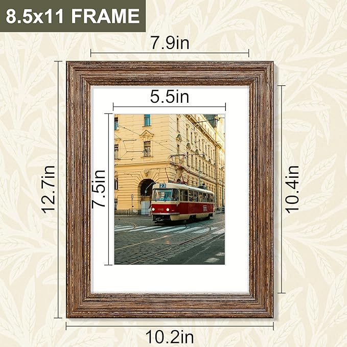 Vittanly 8.5x11 Picture Frame Set of 4, Vintage Photo Frame for Wall Mount, Display 6x8 Pictures with Mat or 8.5x11 without Mat, Rustic Farmhouse Home Decor, Walnut