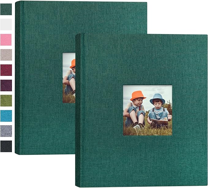 Mublalbum 2 Pack Small 8x10 Photo Album 2 Pack Linen Cover with Display Window Mini Picture Book Each Holds 52 Vertical Pockets for Artwork Postcards or Pictures Storage (Dark Green)