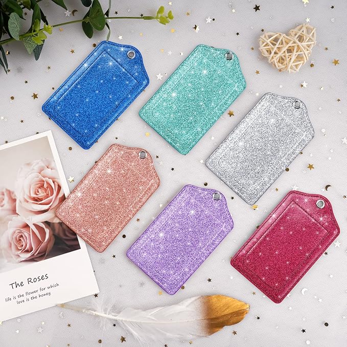 (Set of 2) Luggage Tag Leather Privacy Cover ID Label Address Card with Stainless Steel Loop, Travel Bag Tags Suitcase Labels, Glitter Silver