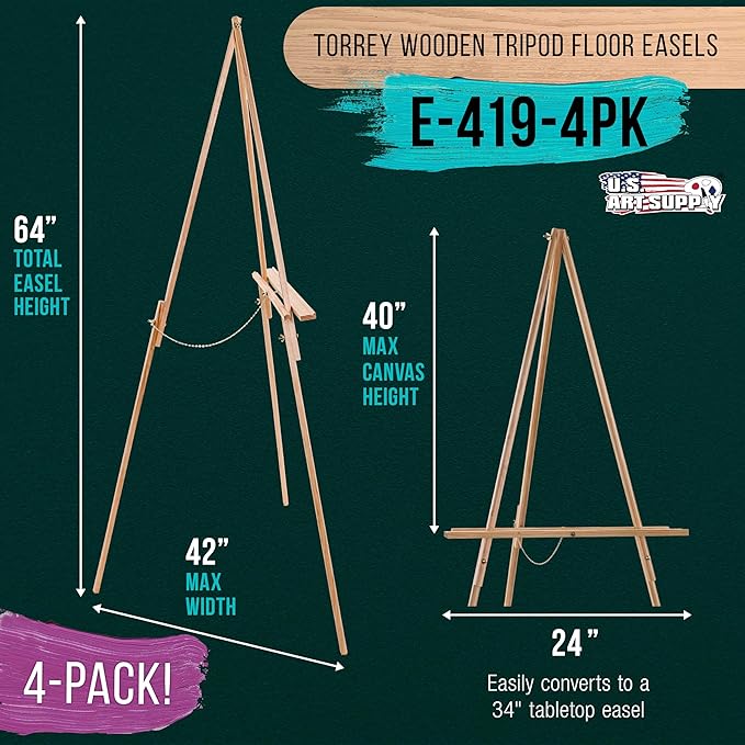 U.S. Art Supply 64" Wooden Easel Stand (4 Pack) - Adjustable A-Frame Tripod for Painting, Drawing, Photos & Signs - Lightweight Easels, Wood Easel Stand for Sign Wedding Display 40" Canvas Capacity