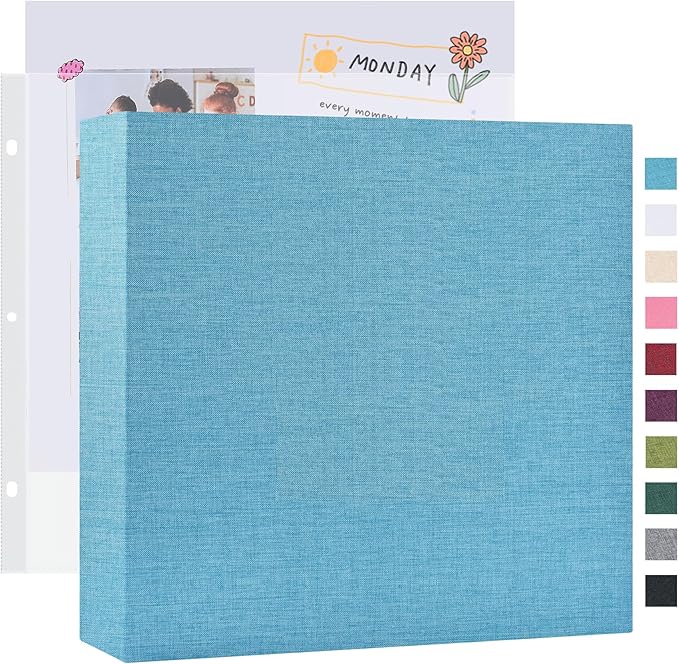 Mublalbum 12x12 Inch Large 3 Ring DIY Scrapbook Photo Album with 40 Plastic Sleeves 80 Pages Linen Cover Folder Binder for Baby Travel Wedding Couple Anniversary and DIY Projects (Blue)