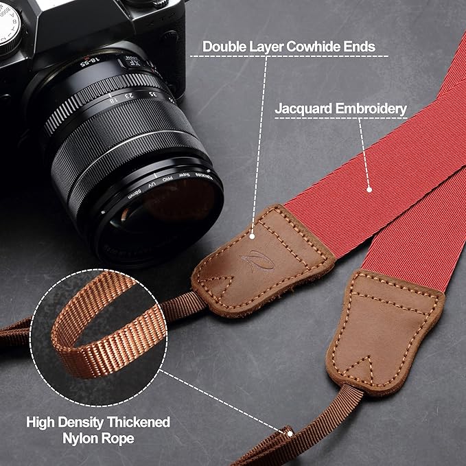 Padwa Lifestyle Red Camera Strap - Double Layer Crazy Horse Cowhide End,1.5" Wide Pure Cotton Woven Camera Straps,Adjustable Neck Shoulder Strap for All DSLR Cameras,Gift for Photographers
