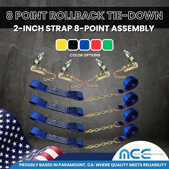 Mega Cargo Control USA 8 Point Tie Down Kit, Blue Rollback Towing Strap Set - Car Hauler Set for Flatbed, Tow Truck, Side Mount