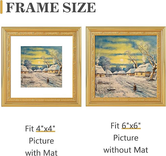 VIOLABBEY 6x6 Gold Picture Frame, Display 4x4 Photo with Mat or 6x6 without Mat, Ornate Vintage 6 x 6 Gold Frame for Wall Decor or Tabletop Display