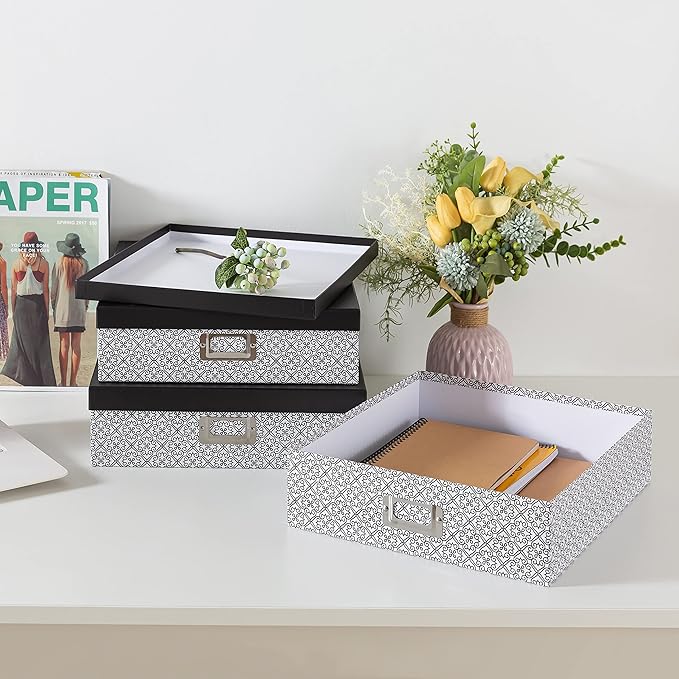 SLPR Black and White Decorative Cardboard Boxes with Lids, Set of 3 Nesting Paperboard Scrapbook Storage, Memory Boxes for Keepsakes, Photos, Letter Papers, Documents