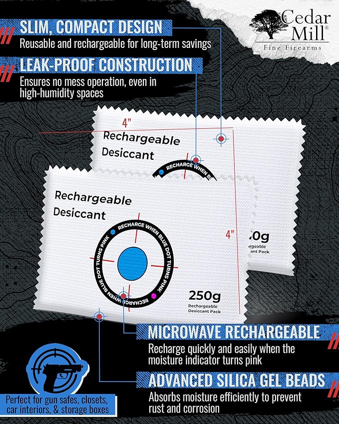 Cedar Mill Fine Firearms Gun Safe Dehumidifier – 250g Rechargeable Desiccant Packs - Reusable Moisture Absorbers for Gun Safes, Firearms, Closet, Car - Pack of 2