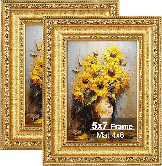 5x7 Gold Picture Frames Set of 2, Ornate Vintage 5 x 7 Photo Frames for Wall Decor or Tabletop Display,5 x 7 Gold Frame with Real Glass, Display 4x6 Pictures with Mat or 5x7 without Mat for Antique Déco