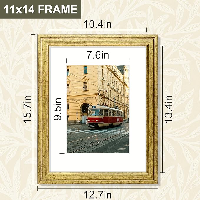Vittanly 11x14 Picture Frame Set of 4, Vintage Photo Frame for Wall Mount, Display 8x10 Pictures with Mat or 11x14 without Mat, Rustic Farmhouse Home Decor, Gold