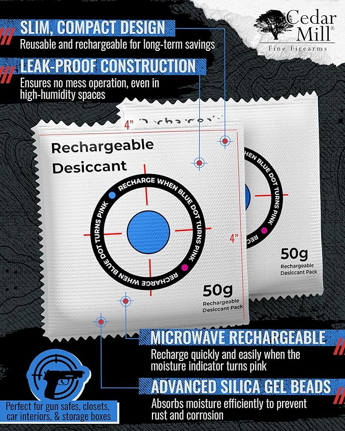 Cedar Mill Fine Firearms Gun Safe Dehumidifier – 50g Rechargeable Desiccant Packs - Reusable Moisture Absorbers for Pistol Cases, Firearms, Closet, Car - Pack of 2