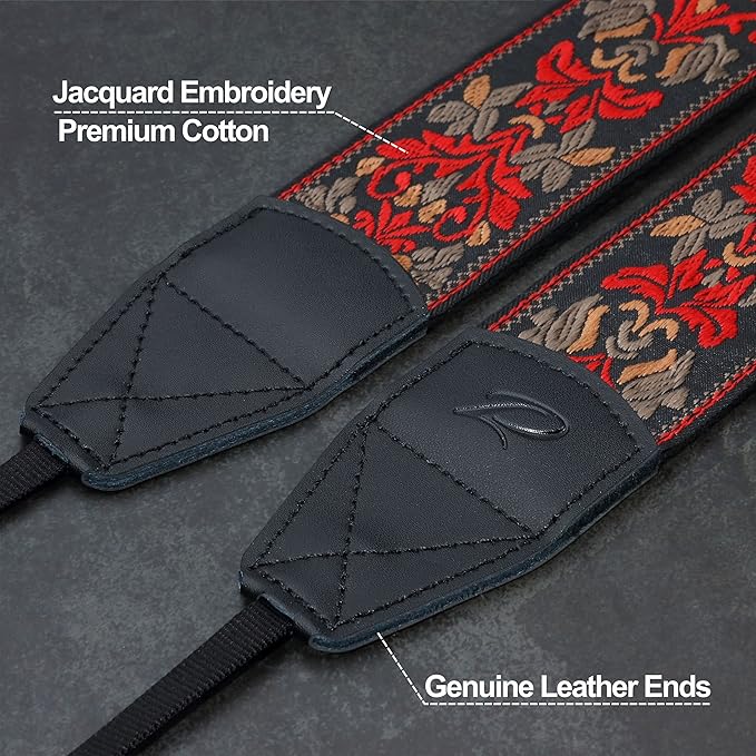 Padwa Lifestyle Camera Strap - 2" Wide Red Vintage Jacquard Embroidery Flower Camera Straps with Genuine Leather Head, Adjustable Neck Shoulder Strap for All Cameras and Men & Women Photographers