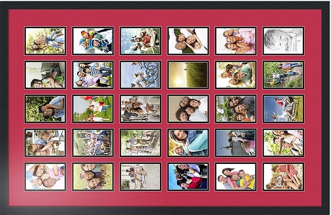 ArtToFrames Collage Photo Frame Double Mat with 30-4x6 Openings with Satin Black Frame and Rouge mat.