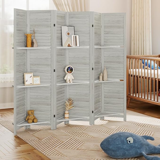 HOMCOM Room Divider, 6 Panel 67" Tall Wood Privacy Screen with 3 Display Shelves, and Folding Storage for Bedroom or Home Office, Distressed White