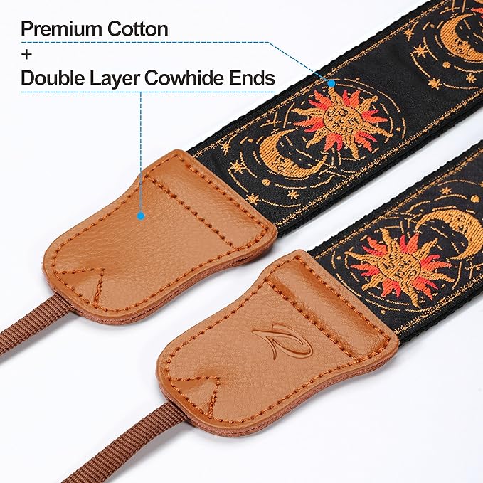 Padwa Lifestyle Helios Moon God Camera Strap -2" Double Layer Cowhide Ends Camera Straps for Photographers, Vintage Embroidered Cotton Weave Soft Padded Strap Adjustable fits All Cameras