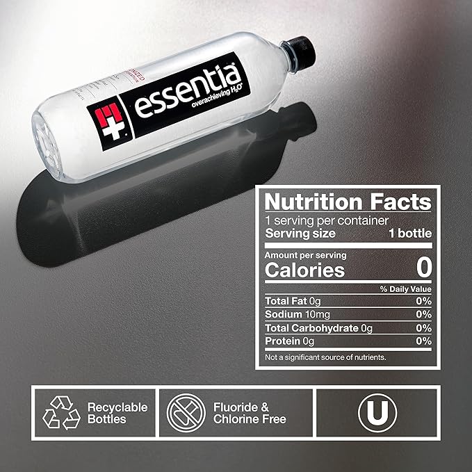 Essentia Water LLC, Ionized Alkaline Bottled Water; 99.9% Pure, Infused with Electrolytes, 9.5 pH or Higher a Clean, Smooth Taste, 20 Fl Oz (Pack of 24)