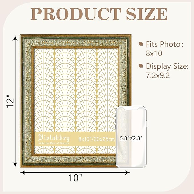 VIOLABBEY 8x10 Picture Frame Green, Vintage Photo Frames Ornate without Mat for Tabletop or Wall Hanging