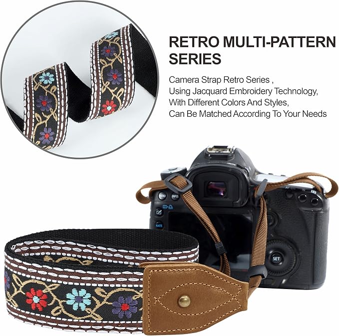 Padwa Lifestyle 2" Wide Classic Crazy Horse Art Cowhide Head Camera Strap - Jacquard Embroidery Floral Vintage Camera Straps for Photographers Gift, Adjustable Shoulder Neck Strap Fits DSLR Cameras