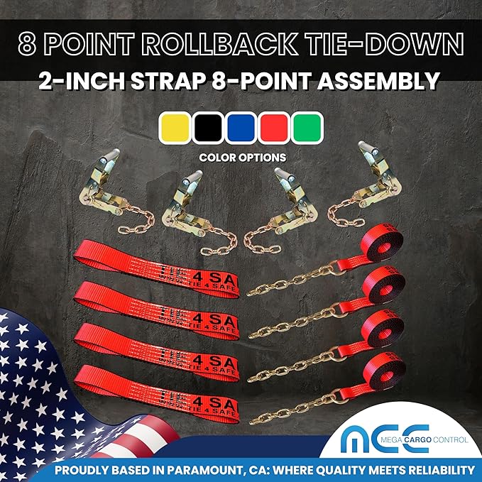 Mega Cargo Control Red Heavy Duty 8 Point Tie Down RollBack Tow Set with Ratchet Chain Extension - Side Mount Towing Straps for Flatbed, Truck, Trailer