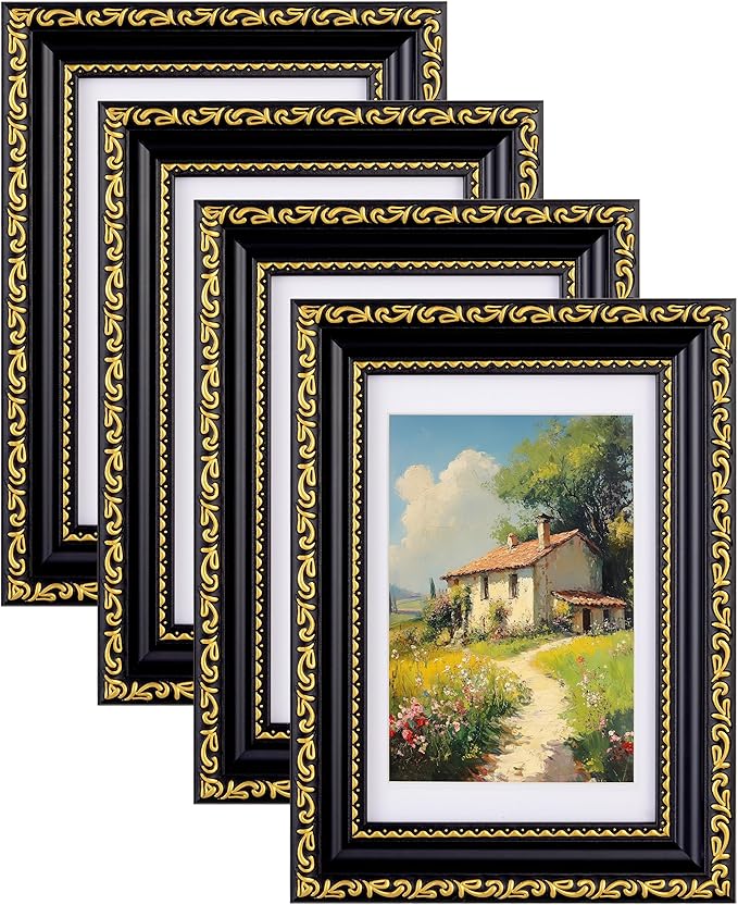 eletecpro 4x6 Picture Frames Set of 4, Gothic Frame with Glass Cover, Ornate Vintage Photo Frames 4 by 6 Display 3.5x5 Photo with Mat or 4x6 without Mat for Tabletop or Wall Decor, Black Gold