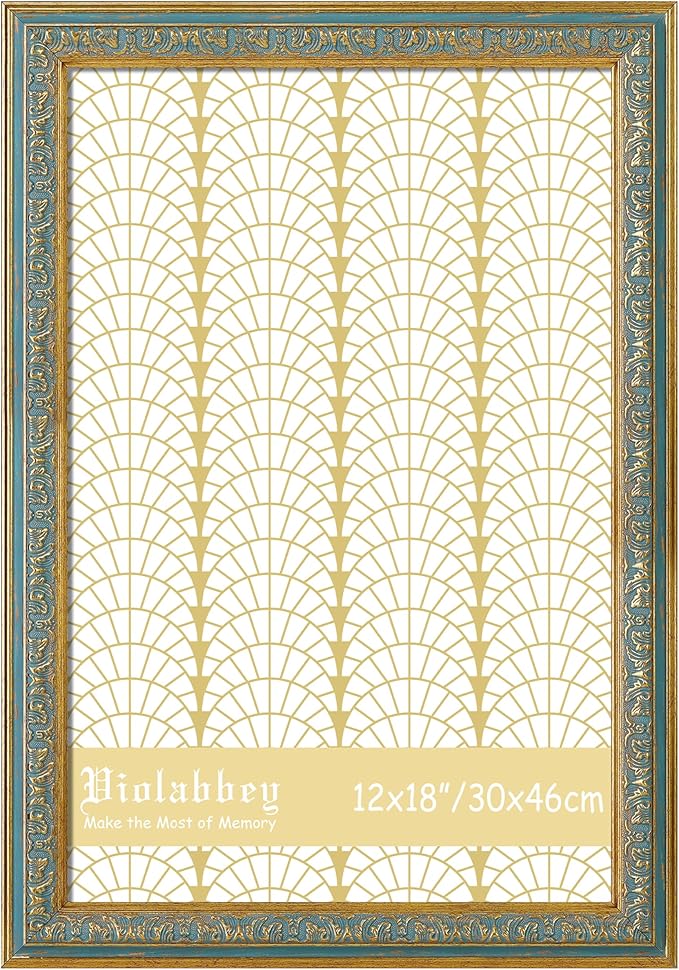 VIOLABBEY 12x18 Picture Frame Blue, Vintage Photo Frames Ornate without Mat for Wall Hanging