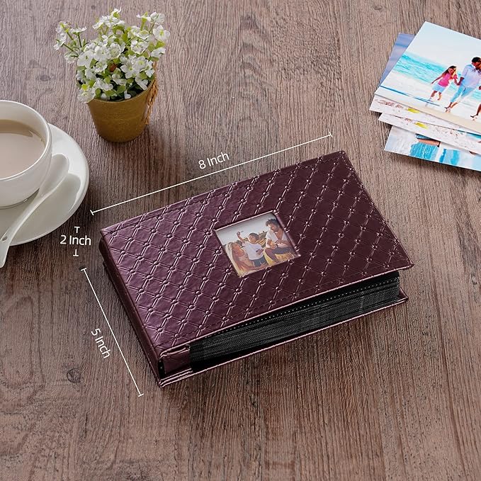 Mublalbum Small Photo Album 4x6 100 Photos Leather Cover Picture Book with Horizontal Pockets for Baby Wedding Anniversary and Family (Wine Red)