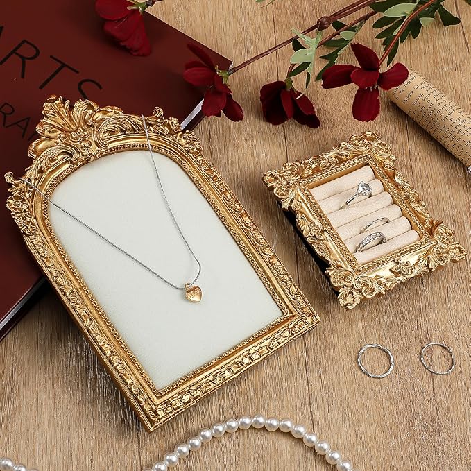 2 Pcs Vintage Jewelry Tray Set, Vintage Necklace Organizer with Velvet Backing and Ring Holder, Gold Ring Display Stand Frame, for Selling, Baroque Trinket Storage Dish Gifts for Women Wedding