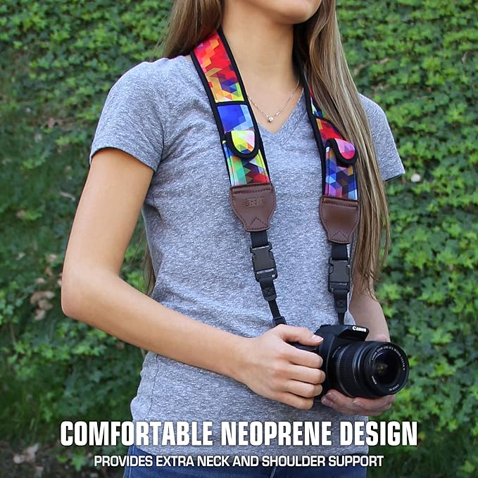 USA Gear TrueSHOT Camera Strap Neoprene Camera Straps - Padded Neck Strap, Pockets, and Quick Release Buckles - Compatible with Canon, Nikon, Sony and More DSLR and Mirrorless Cameras (Geometric)