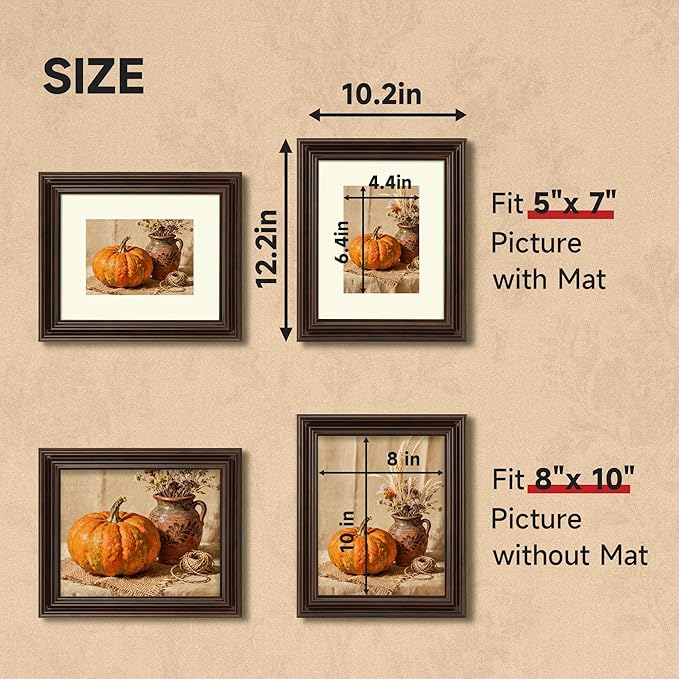 8x10 Picture Frame, 2 Pack Ornate Vintage 8 x 10 Photo Frame for Wall or Tabletop Display, 8x10 Poster Frames with Real Glass, Display 5x7 Pictures with Mat or 8x 10 without Mat for Antique Déco, Brown