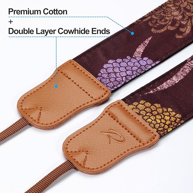 Padwa Lifestyle Camera Strap - 2" Cowhide Leather Head Cotton Camera Straps for Photographers,Vintage Print Purple Daisy Japanese Art Neck & Shoulder Adjustable Strap for DSLR SLR Mirrorless Cameras