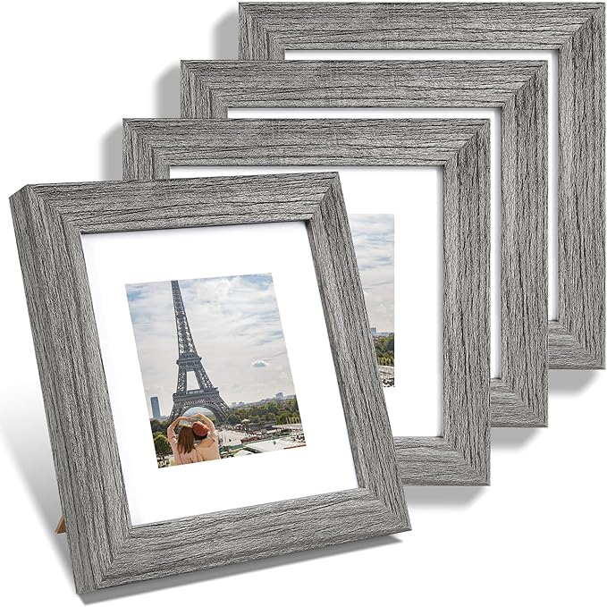 6x6 Picture Frame Set of 4, Made of Glass and Grey Wooden Frame - Display Picture 4x4 with Mat or 6 x 6 Without Mat, 6x6 Photo for Wall or Tabletop